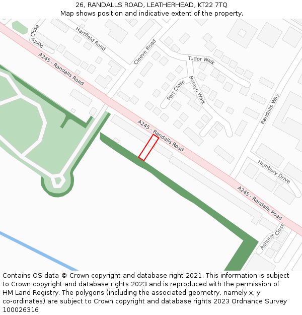 26, RANDALLS ROAD, LEATHERHEAD, KT22 7TQ: Location map and indicative extent of plot