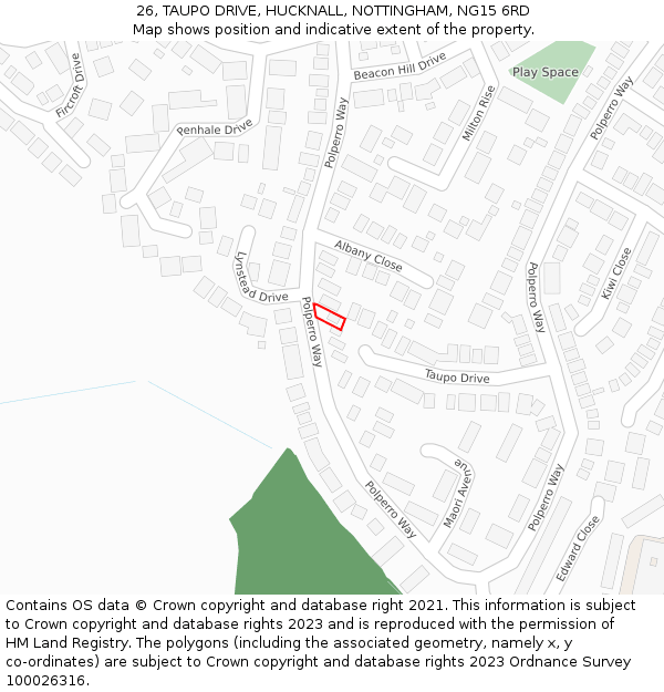 26, TAUPO DRIVE, HUCKNALL, NOTTINGHAM, NG15 6RD: Location map and indicative extent of plot