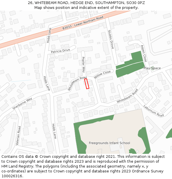 26, WHITEBEAM ROAD, HEDGE END, SOUTHAMPTON, SO30 0PZ: Location map and indicative extent of plot