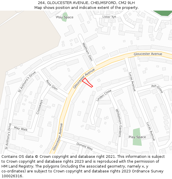264, GLOUCESTER AVENUE, CHELMSFORD, CM2 9LH: Location map and indicative extent of plot