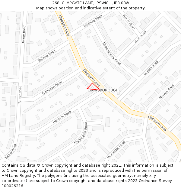 268, CLAPGATE LANE, IPSWICH, IP3 0RW: Location map and indicative extent of plot