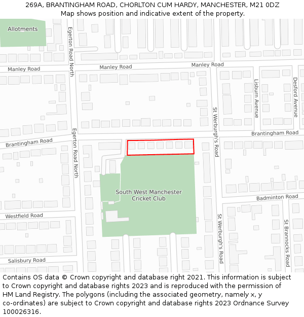 269A, BRANTINGHAM ROAD, CHORLTON CUM HARDY, MANCHESTER, M21 0DZ: Location map and indicative extent of plot