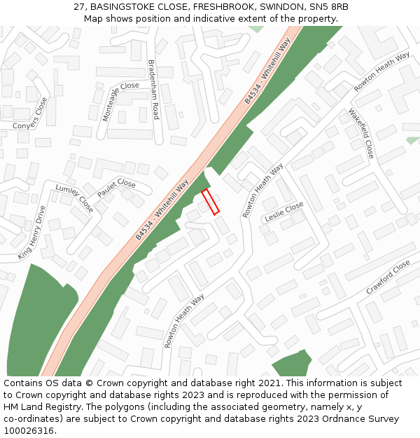 27, BASINGSTOKE CLOSE, FRESHBROOK, SWINDON, SN5 8RB: Location map and indicative extent of plot