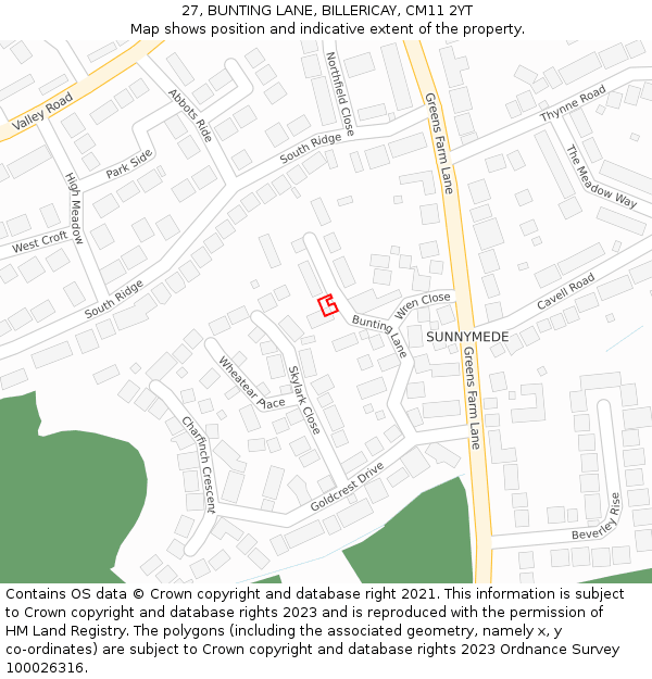27, BUNTING LANE, BILLERICAY, CM11 2YT: Location map and indicative extent of plot
