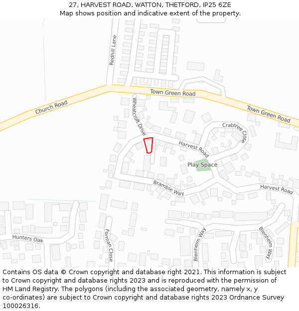 27, HARVEST ROAD, WATTON, THETFORD, IP25 6ZE: Location map and indicative extent of plot