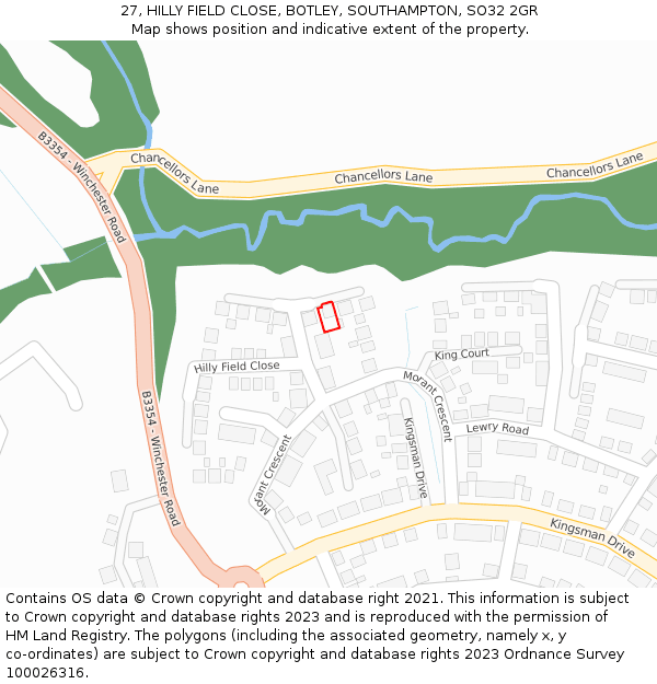 27, HILLY FIELD CLOSE, BOTLEY, SOUTHAMPTON, SO32 2GR: Location map and indicative extent of plot