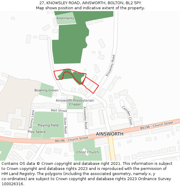 27, KNOWSLEY ROAD, AINSWORTH, BOLTON, BL2 5PY: Location map and indicative extent of plot