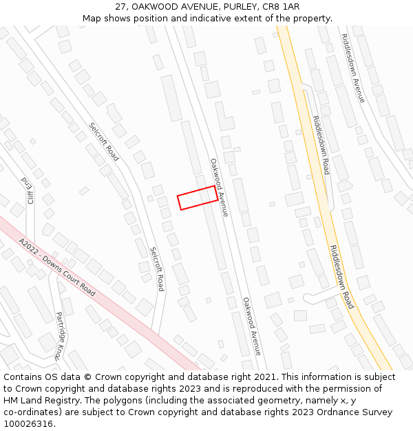 27, OAKWOOD AVENUE, PURLEY, CR8 1AR: Location map and indicative extent of plot