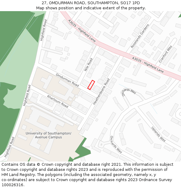 27, OMDURMAN ROAD, SOUTHAMPTON, SO17 1PD: Location map and indicative extent of plot