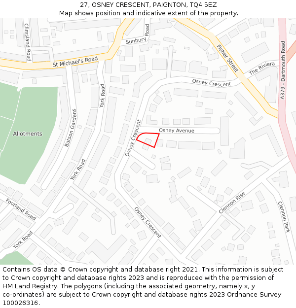 27, OSNEY CRESCENT, PAIGNTON, TQ4 5EZ: Location map and indicative extent of plot