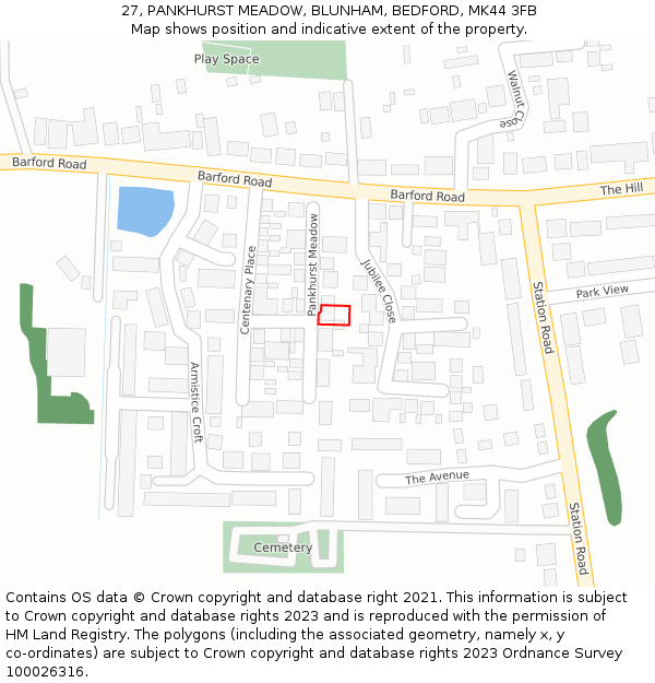 27, PANKHURST MEADOW, BLUNHAM, BEDFORD, MK44 3FB: Location map and indicative extent of plot