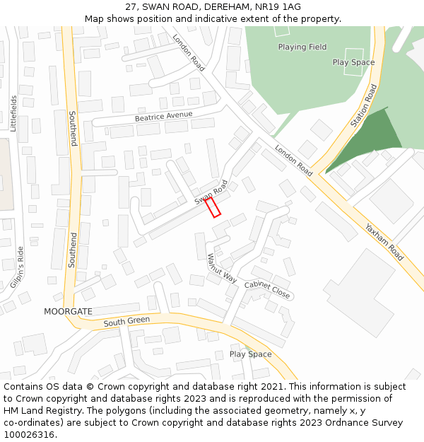 27, SWAN ROAD, DEREHAM, NR19 1AG: Location map and indicative extent of plot