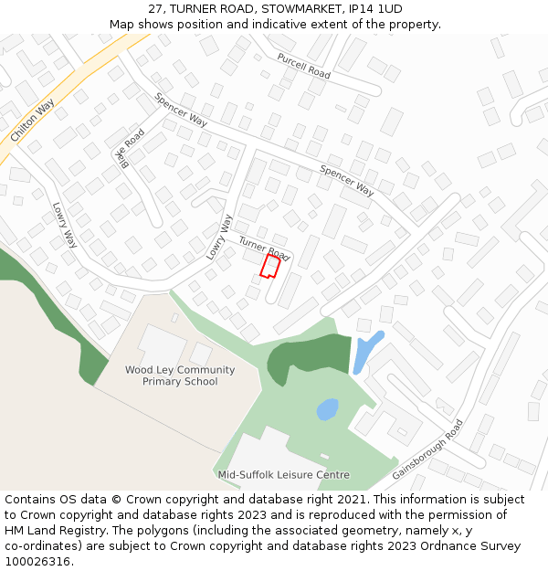 27, TURNER ROAD, STOWMARKET, IP14 1UD: Location map and indicative extent of plot