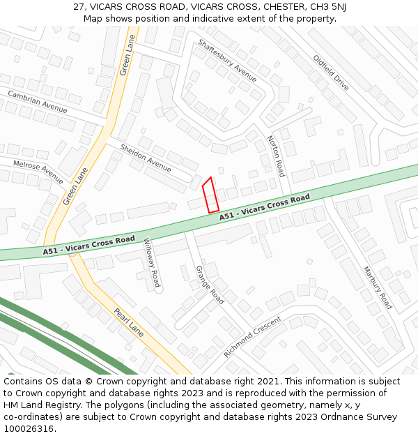 27, VICARS CROSS ROAD, VICARS CROSS, CHESTER, CH3 5NJ: Location map and indicative extent of plot