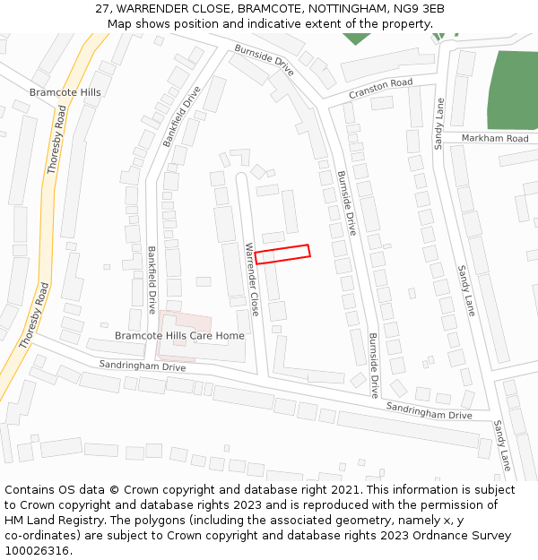 27, WARRENDER CLOSE, BRAMCOTE, NOTTINGHAM, NG9 3EB: Location map and indicative extent of plot