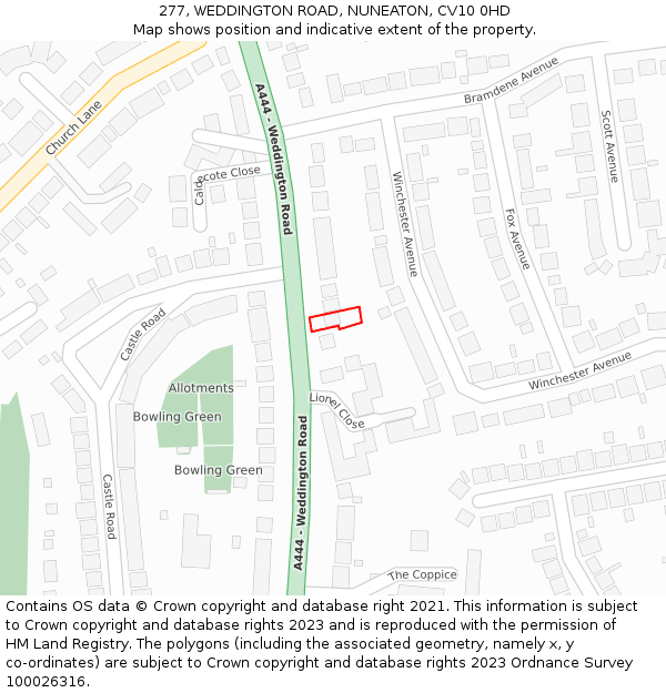 277, WEDDINGTON ROAD, NUNEATON, CV10 0HD: Location map and indicative extent of plot