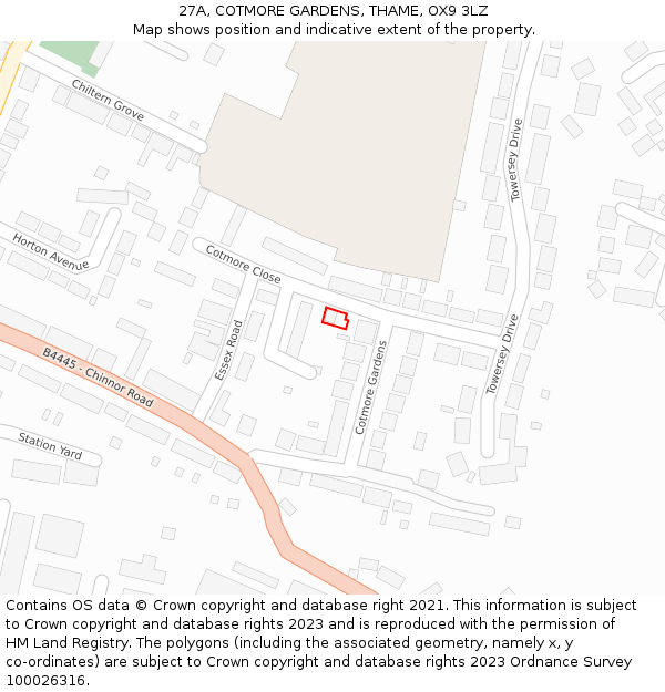 27A, COTMORE GARDENS, THAME, OX9 3LZ: Location map and indicative extent of plot