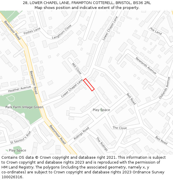 28, LOWER CHAPEL LANE, FRAMPTON COTTERELL, BRISTOL, BS36 2RL: Location map and indicative extent of plot