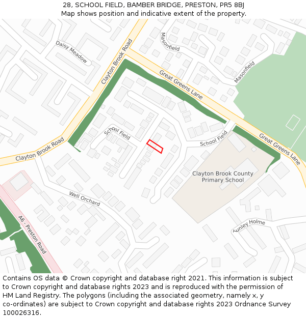 28, SCHOOL FIELD, BAMBER BRIDGE, PRESTON, PR5 8BJ: Location map and indicative extent of plot