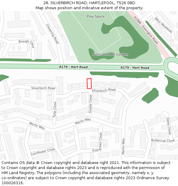 28, SILVERBIRCH ROAD, HARTLEPOOL, TS26 0BD: Location map and indicative extent of plot