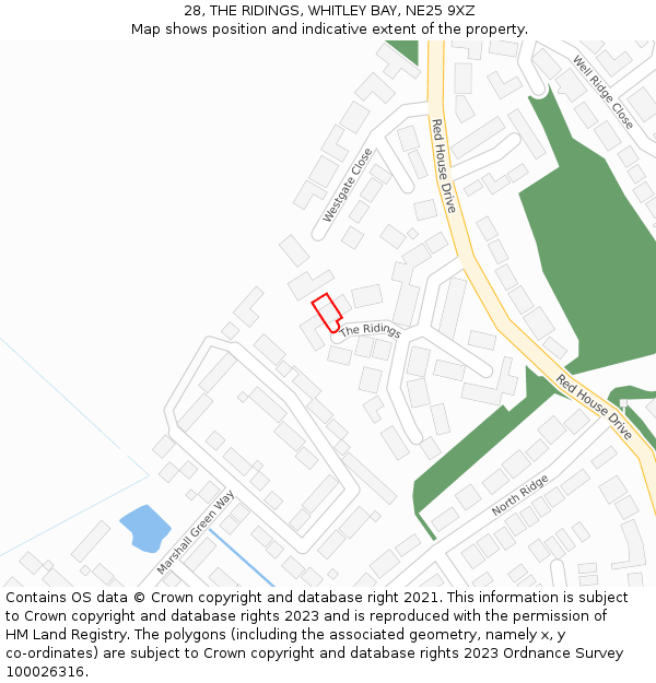 28, THE RIDINGS, WHITLEY BAY, NE25 9XZ: Location map and indicative extent of plot