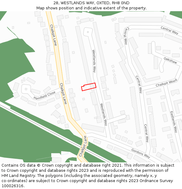 28, WESTLANDS WAY, OXTED, RH8 0ND: Location map and indicative extent of plot