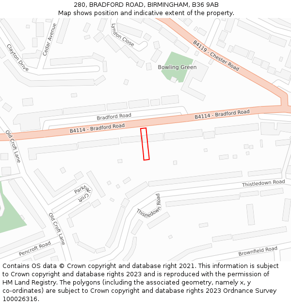 280, BRADFORD ROAD, BIRMINGHAM, B36 9AB: Location map and indicative extent of plot