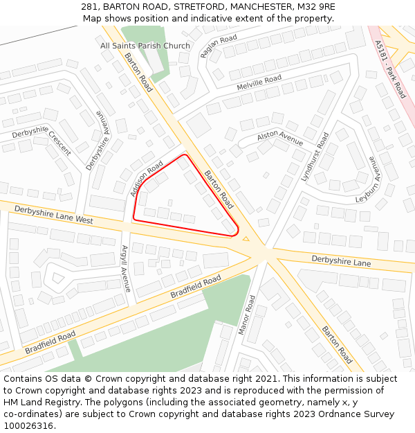 281, BARTON ROAD, STRETFORD, MANCHESTER, M32 9RE: Location map and indicative extent of plot