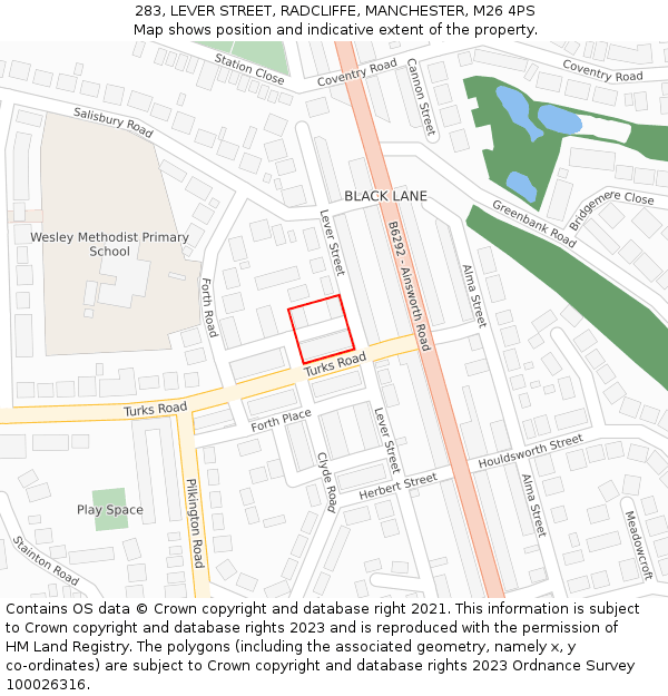 283, LEVER STREET, RADCLIFFE, MANCHESTER, M26 4PS: Location map and indicative extent of plot