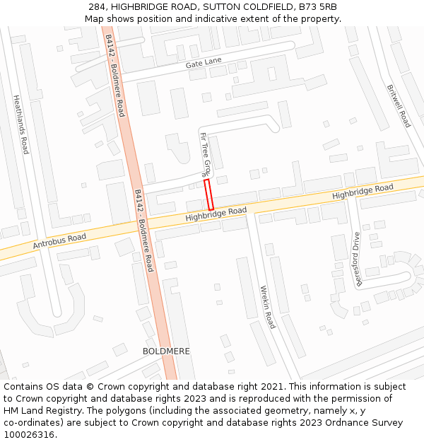 284, HIGHBRIDGE ROAD, SUTTON COLDFIELD, B73 5RB: Location map and indicative extent of plot