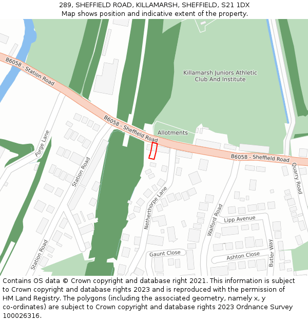 289, SHEFFIELD ROAD, KILLAMARSH, SHEFFIELD, S21 1DX: Location map and indicative extent of plot