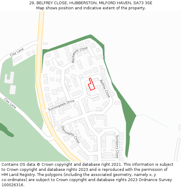 29, BELFREY CLOSE, HUBBERSTON, MILFORD HAVEN, SA73 3SE: Location map and indicative extent of plot