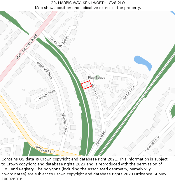 29, HARRIS WAY, KENILWORTH, CV8 2LQ: Location map and indicative extent of plot