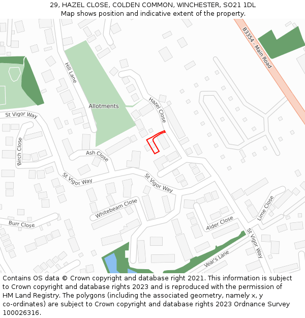 29, HAZEL CLOSE, COLDEN COMMON, WINCHESTER, SO21 1DL: Location map and indicative extent of plot