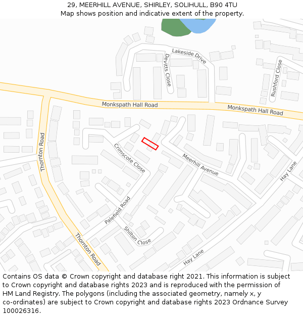 29, MEERHILL AVENUE, SHIRLEY, SOLIHULL, B90 4TU: Location map and indicative extent of plot