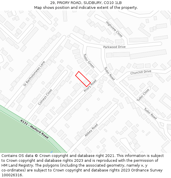 29, PRIORY ROAD, SUDBURY, CO10 1LB: Location map and indicative extent of plot