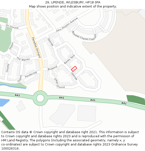 29, UPENDE, AYLESBURY, HP18 0FA: Location map and indicative extent of plot