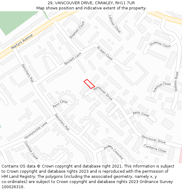 29, VANCOUVER DRIVE, CRAWLEY, RH11 7UR: Location map and indicative extent of plot