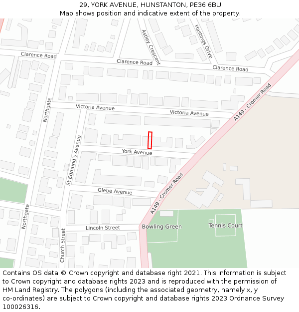 29, YORK AVENUE, HUNSTANTON, PE36 6BU: Location map and indicative extent of plot