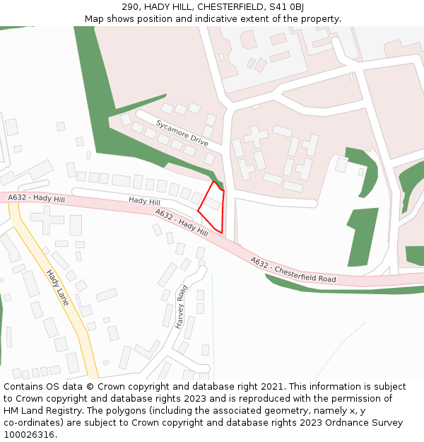 290, HADY HILL, CHESTERFIELD, S41 0BJ: Location map and indicative extent of plot