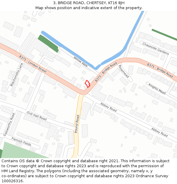 3, BRIDGE ROAD, CHERTSEY, KT16 8JH: Location map and indicative extent of plot
