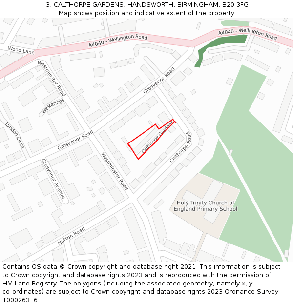 3, CALTHORPE GARDENS, HANDSWORTH, BIRMINGHAM, B20 3FG: Location map and indicative extent of plot