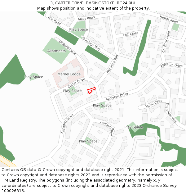 3, CARTER DRIVE, BASINGSTOKE, RG24 9UL: Location map and indicative extent of plot