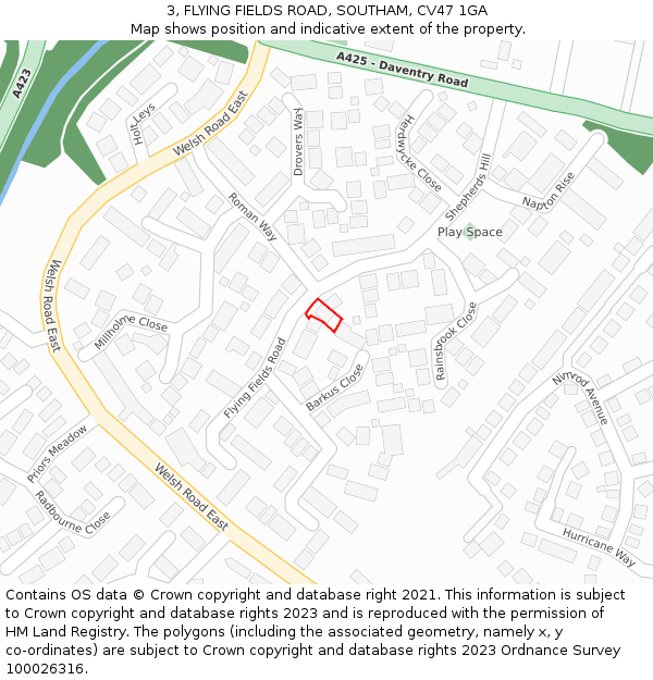 3, FLYING FIELDS ROAD, SOUTHAM, CV47 1GA: Location map and indicative extent of plot