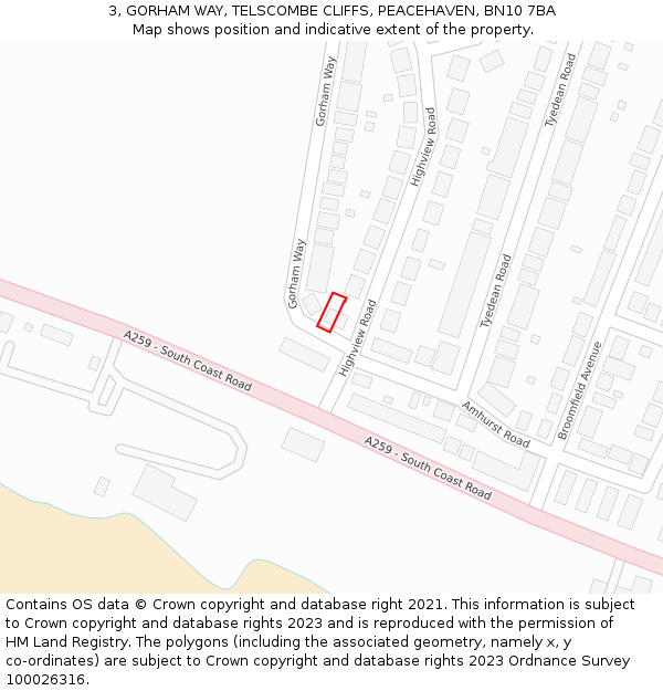 3, GORHAM WAY, TELSCOMBE CLIFFS, PEACEHAVEN, BN10 7BA: Location map and indicative extent of plot