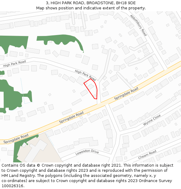 3, HIGH PARK ROAD, BROADSTONE, BH18 9DE: Location map and indicative extent of plot