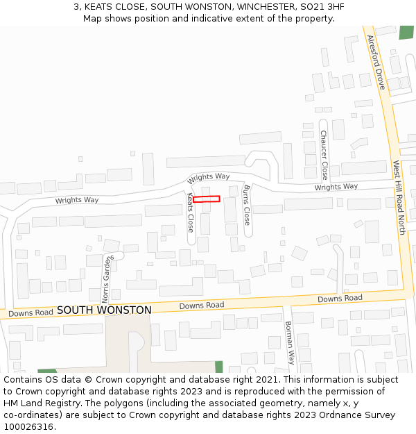 3, KEATS CLOSE, SOUTH WONSTON, WINCHESTER, SO21 3HF: Location map and indicative extent of plot