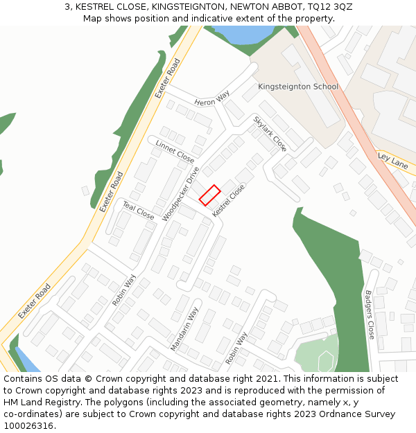3, KESTREL CLOSE, KINGSTEIGNTON, NEWTON ABBOT, TQ12 3QZ: Location map and indicative extent of plot