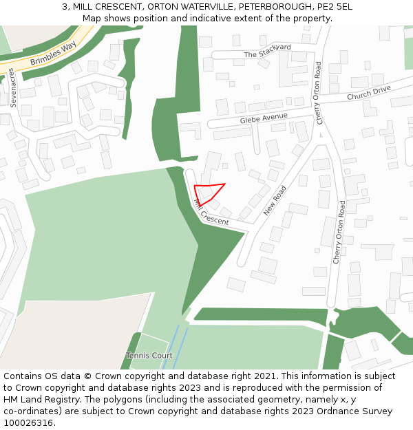 3, MILL CRESCENT, ORTON WATERVILLE, PETERBOROUGH, PE2 5EL: Location map and indicative extent of plot