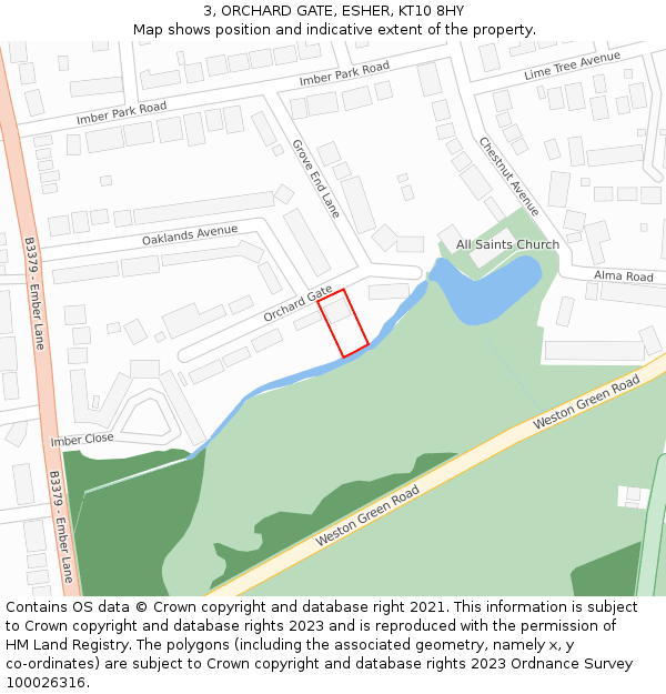 3, ORCHARD GATE, ESHER, KT10 8HY: Location map and indicative extent of plot
